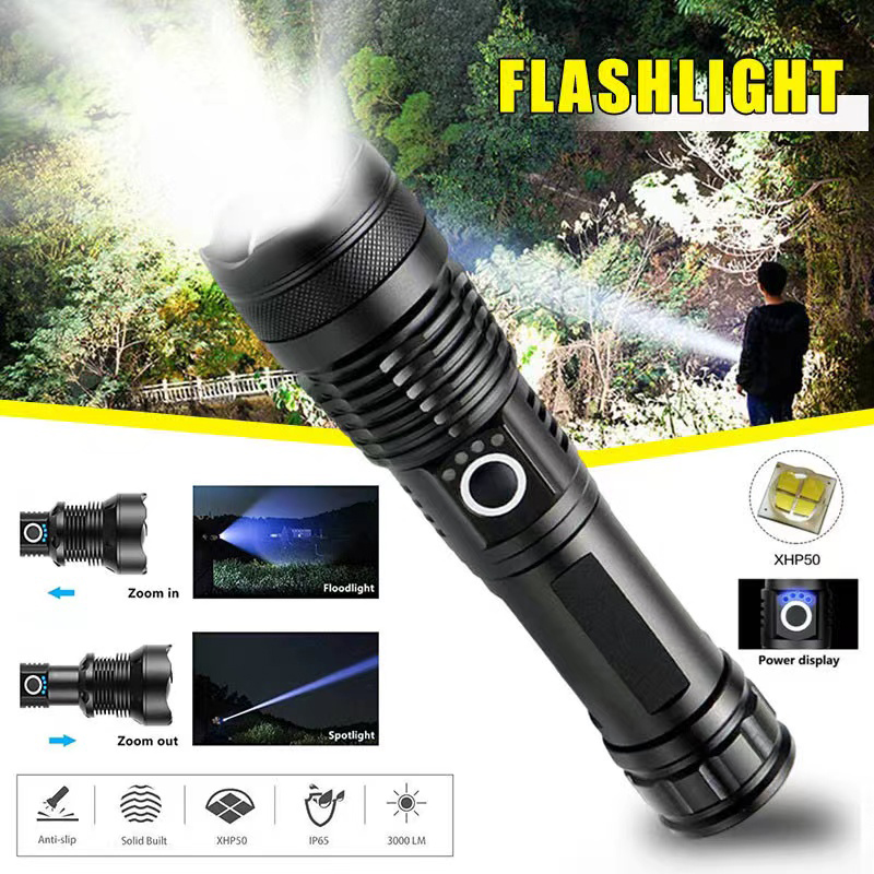 Type C Adapter - Hochleistungs-XHP70-LED-Taschenlampe, wiederaufladbar, USB-C-Taschenlampe, zoombare Handlaterne, wasserdichte